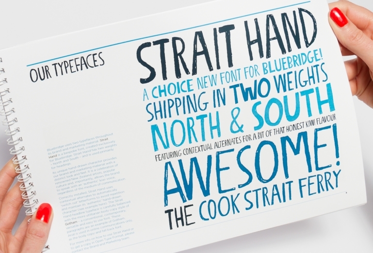 Page of the Bluebridge brand handbook showing the use of the Strait Hand typeface
