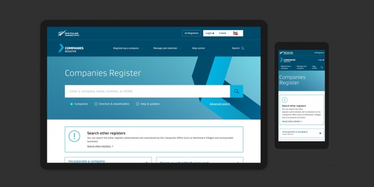 Screenshots of the Companies Register website homepage on desktop and mobile devices