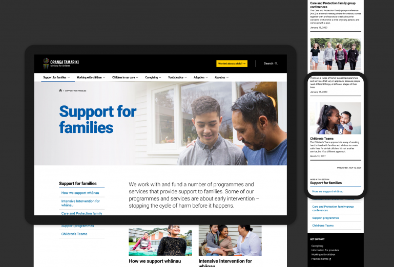 Oranga Tamariki support for families webpage shown on desktop and mobile screens.
