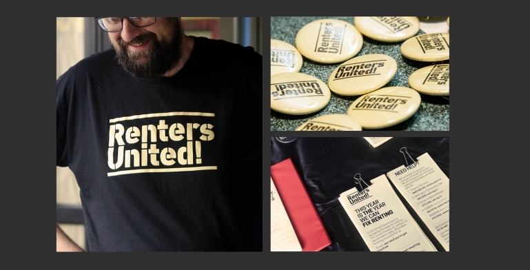Examples of Renters United merchandise: t-shirts, badges and leaflets