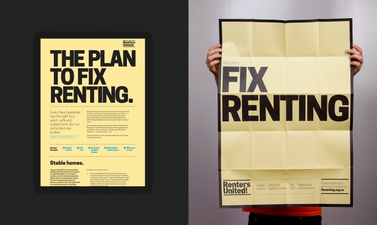 Screenshot of the the Plan to Fix Renting and the poster on the reverse of the Plan.