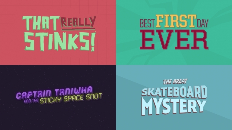 Stills of title cards from four of the videos