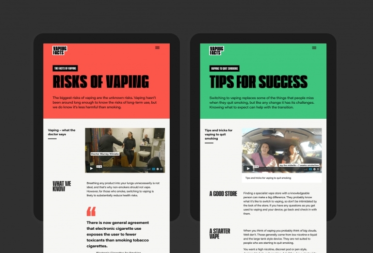 Website pages that explain the risks of vaping and tips for using vaping to successfully quit smoking.