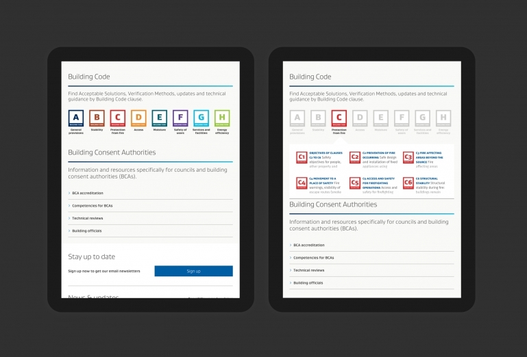 Screenshots on the tagging of content by the section of the Building Code it relates to