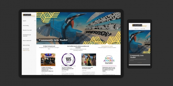 Screenshots of the Creative New Zealand website homepage on desktop and mobile devices