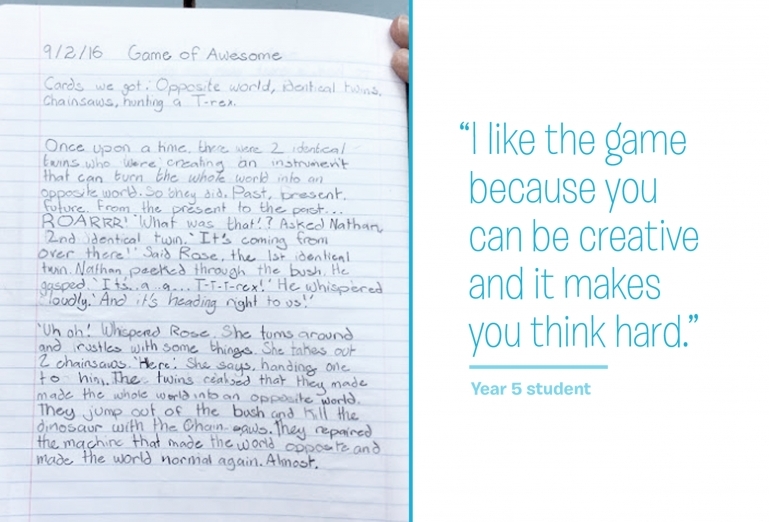 An example of student writing supported by a quote from a student "I like the game because you can be creative and it makes you think hard."