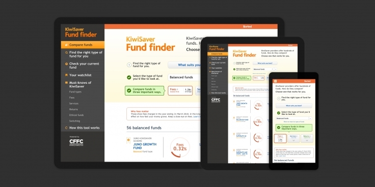 Screenshots of the KiwiSaver Fund finder website homepage on desktop and mobile devices