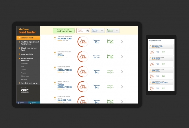 Screenshot of list of funds for comparison