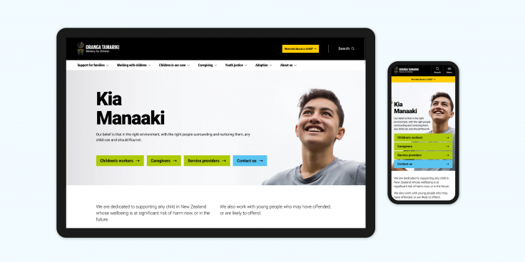 Oranga Tamariki website home page shown on desktop and mobile screens.