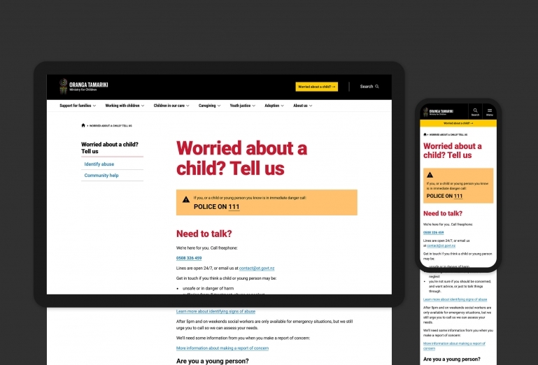 Important messaging features on the Oranga Tamariki website.