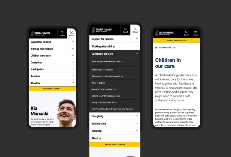 Three different levels of the Oranga Tamariki website shown on mobile screens.