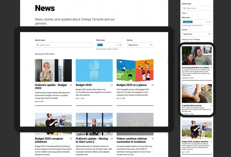 Oranga Tamariki website News page showing flexible search and filtering functionality.