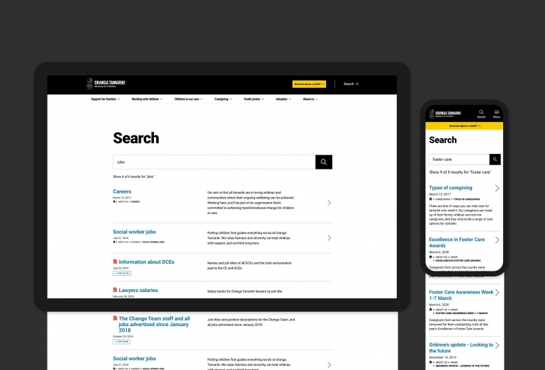 An example of promoted search functionality on the Oranga Tamariki website.