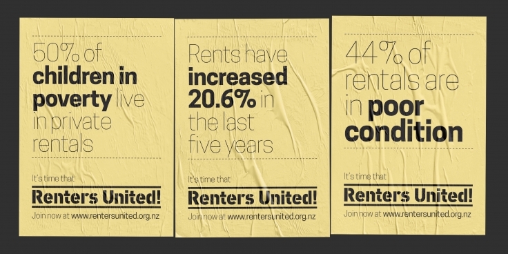 Three pasted-up posters for Renters United campaigns