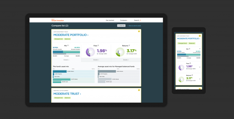 Screenshots showing the fund comparison feature