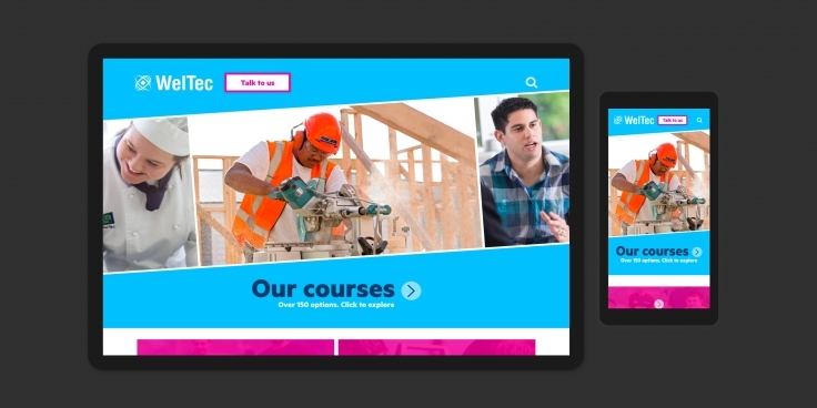 Screenshots of the WelTec student attraction website homepage on desktop and mobile devices