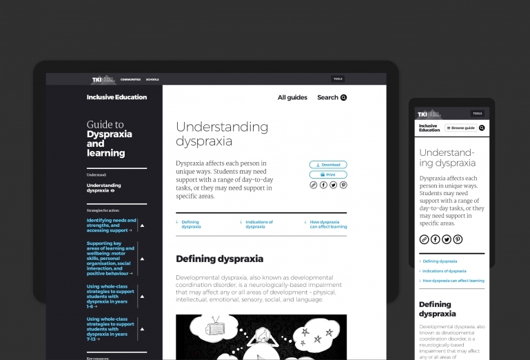 Screenshots of an understanding page which explains dyspraxia