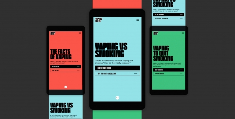 Various examples of landing pages on the Vaping Facts website shown on tablet and mobile screens.