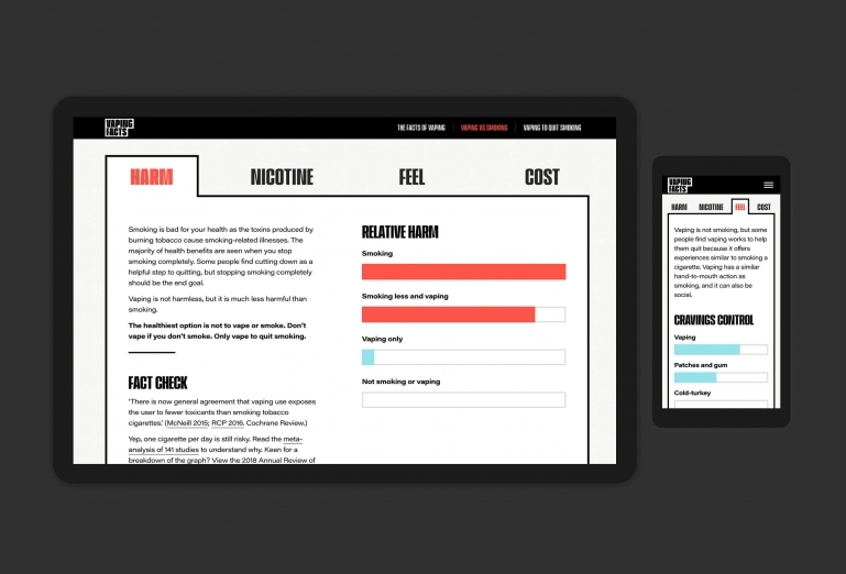 Vaping Facts website pages comparing vaping to smoking, shown on desktop and mobile screens.