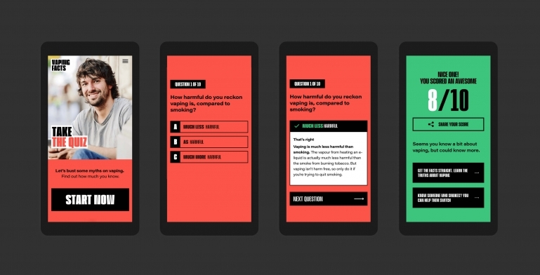 Examples of the quiz questions from the Vaping Facts website that bust myths about vaping, shown on mobile screens.