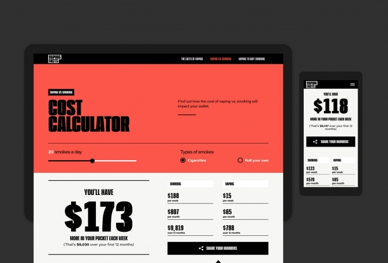 Website page showing a cost calculator tool that compares vaping and smoking, shown on desktop and mobile screens.